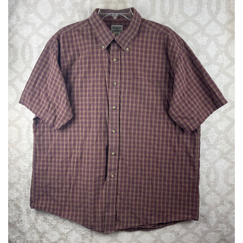 LL Bean Plaid Men XL Burgundy Tan Short Sleeve Button Down Cotton Shirt XL-REG